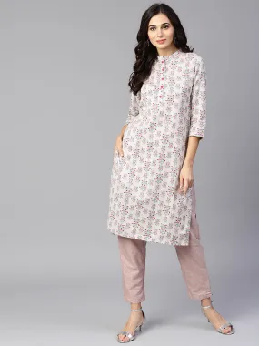 Women Grey & Coral Printed Kurta Set