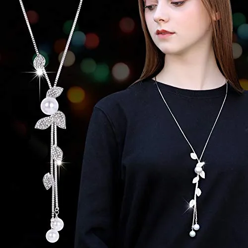 Yellow Chimes Long Chain Necklace for Women Floral Wine Crystal Studded Pearl Silver Long Chain Pendant Necklace for Women and Girls.